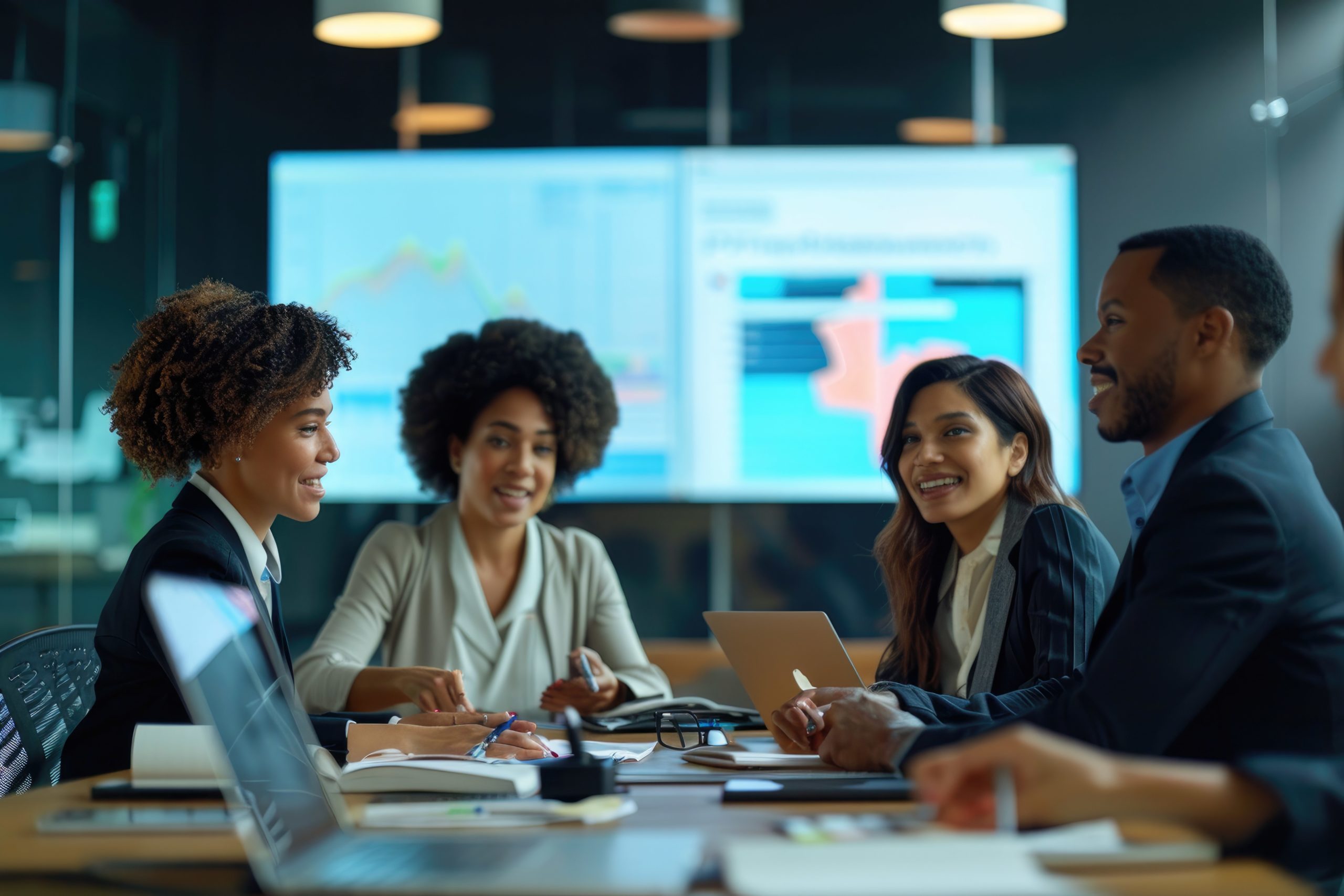 photo of four people in a meeting, ChatGPT on a large screen at the wall in the background --ar 3:2 --style raw Job ID: 0184cba6-187b-43cd-bffd-cf13d07b01b6